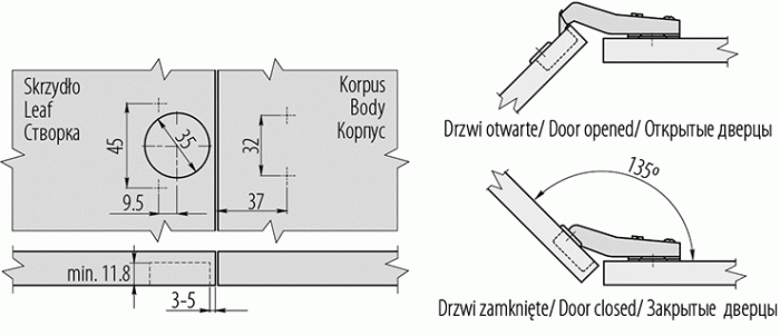 Петля накладная без пружины +45 GTV, с ответной планкой