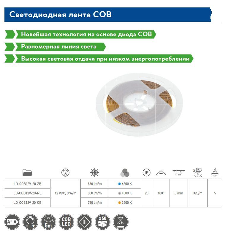 Лента светдиодная COB, 320 диодов/метр, 12V, 8W/1м, рулон 5м.