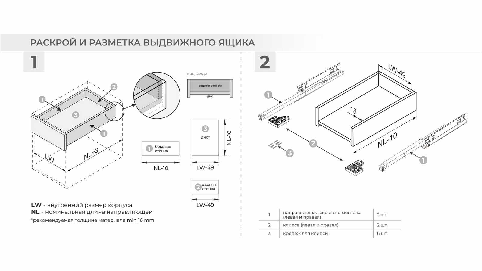 Комплект направляющих скрытого монтажа, полного выдвижения BOYARD с доводчиком B-Side, для ДСП 18мм